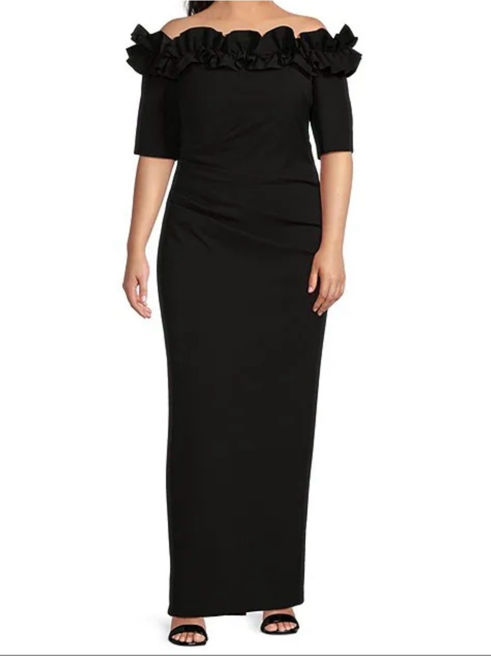 Plus Size Ruffled Off-The-Shoulder Short Sleeve Crepe Sheath Gown